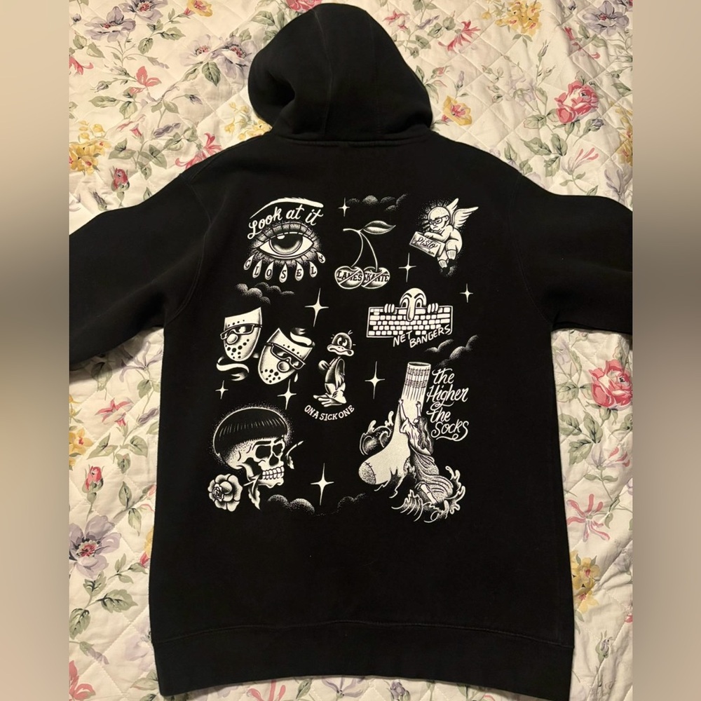 Black Graphic Hoodie with White Illustrations